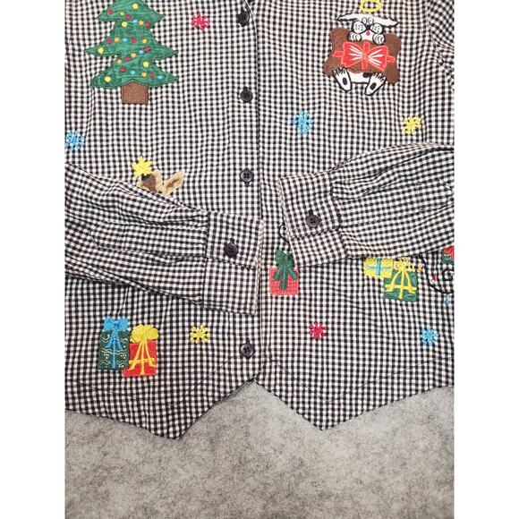 Lemon Grass Women's Small Black & White Check Button Up Christmas Theme Blouse - Picture 8 of 8